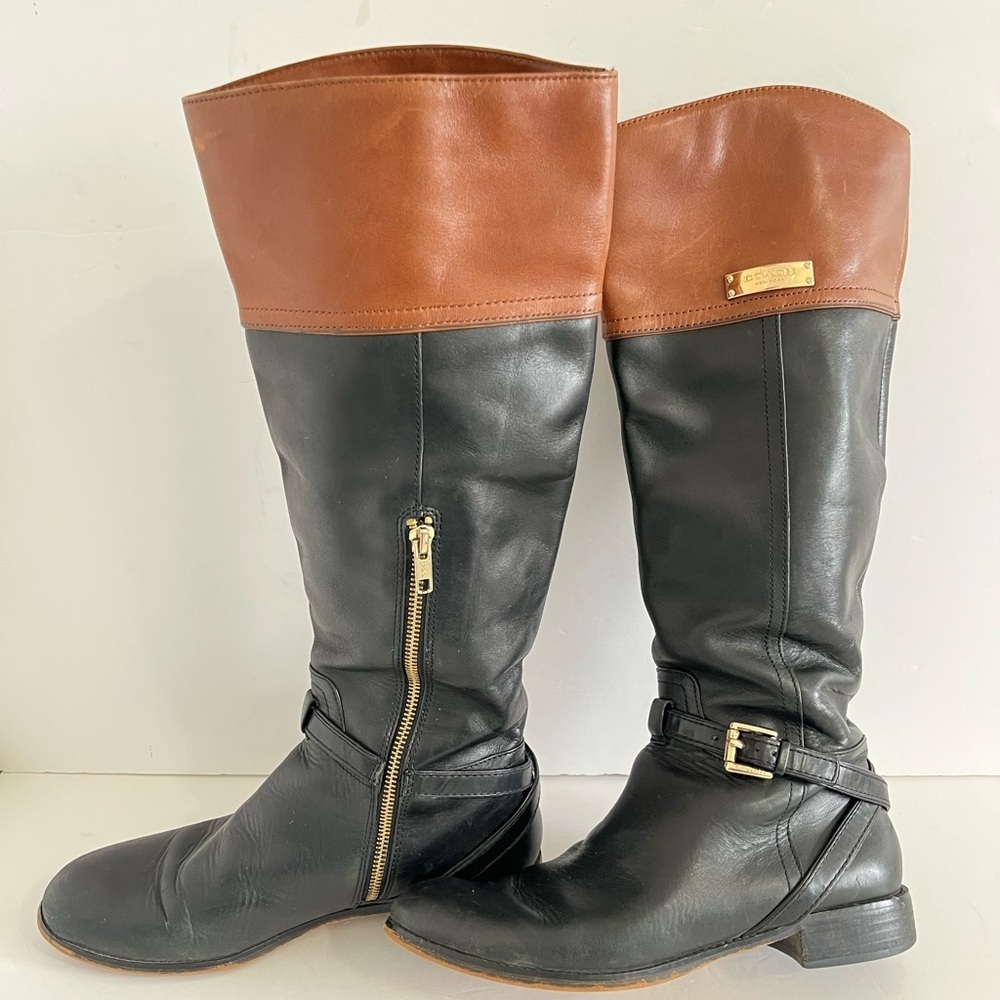 Coach Leather Knee High Boot Black Chestnut Size 8B - Picture 4 of 11